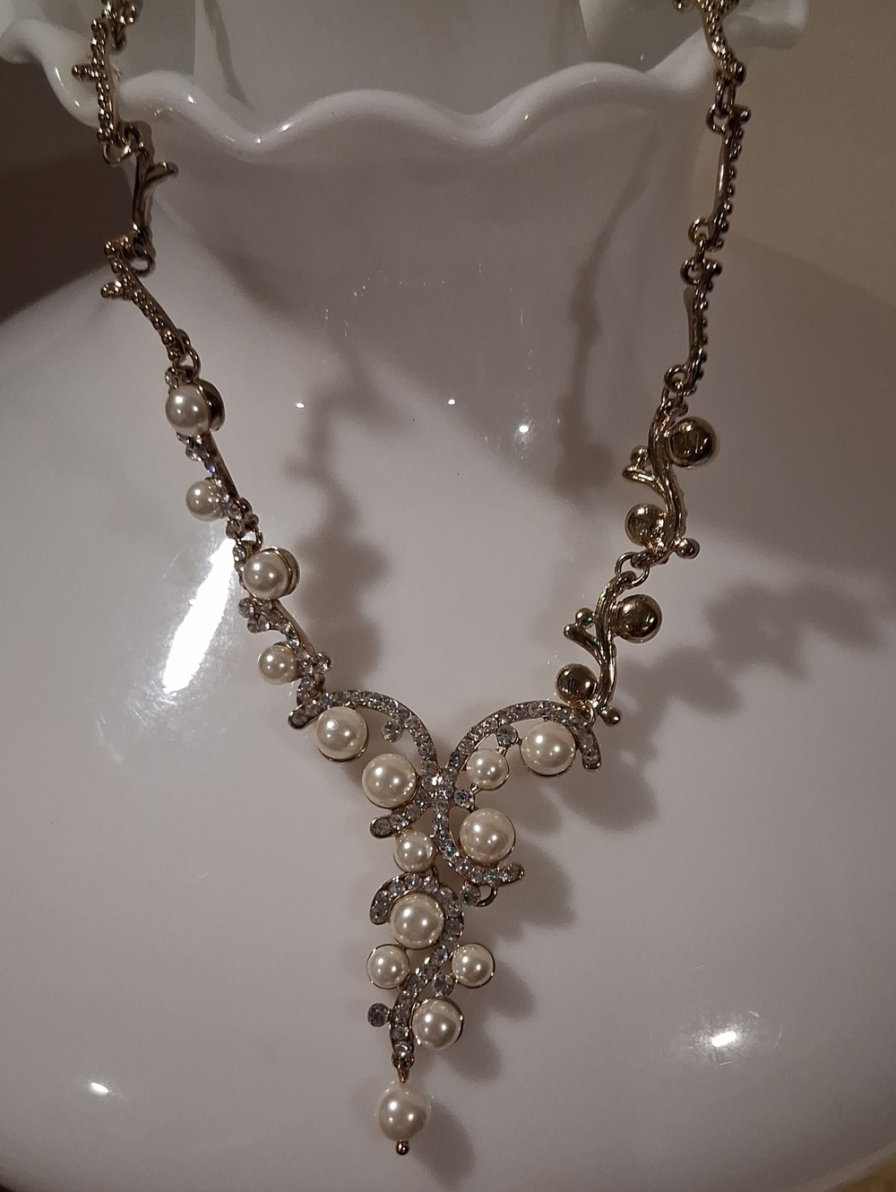 Gold-Tone Faux Pearl and Crystal V-Pendant Necklace
